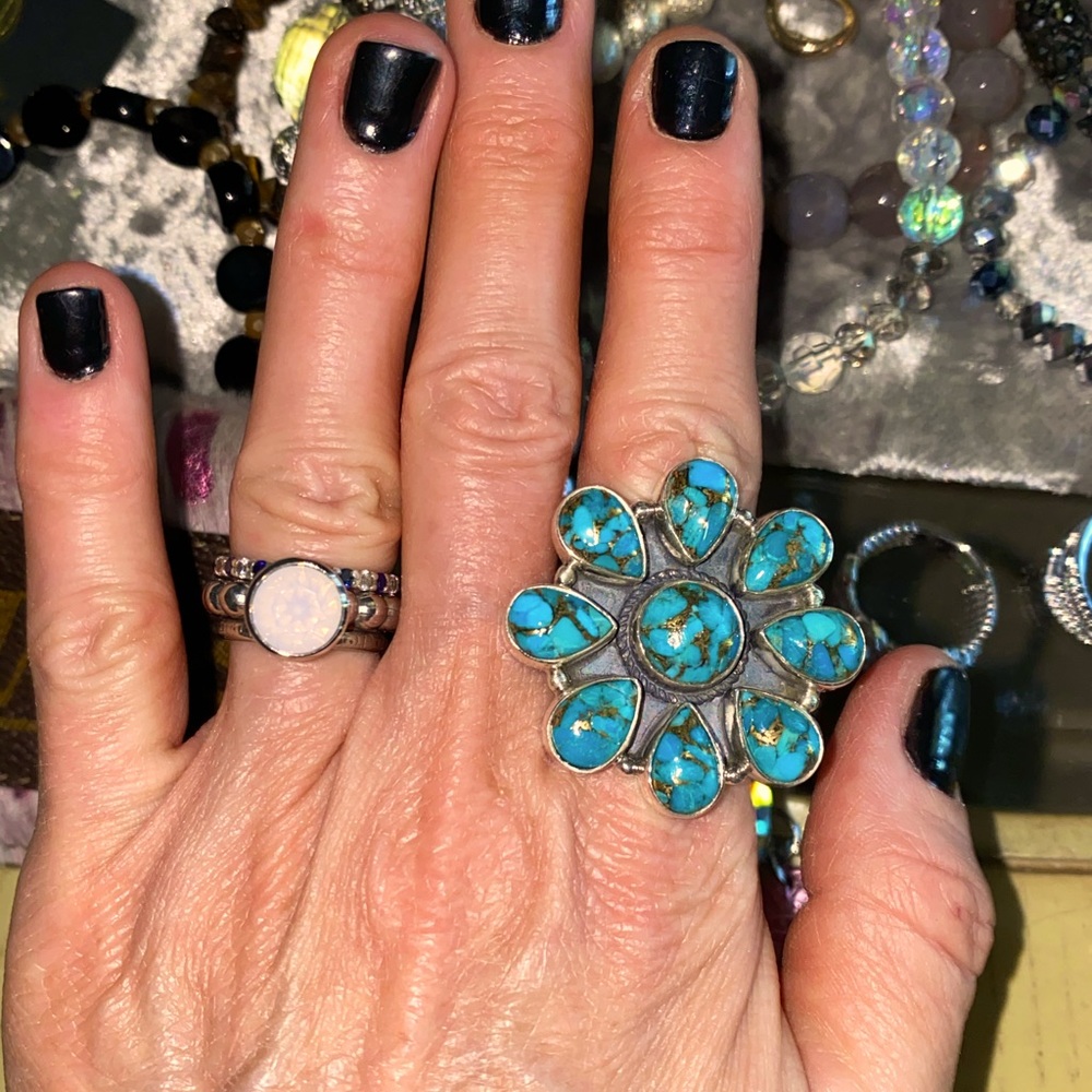 Genuine Turquoise and sterling silver flower ring